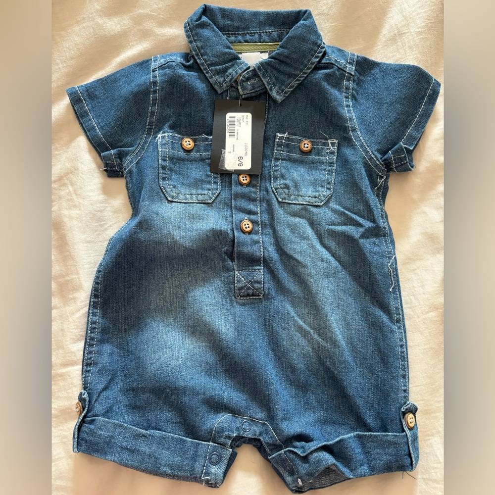 Mudpie Jean romper 6-9 months. New with tags and so cute!